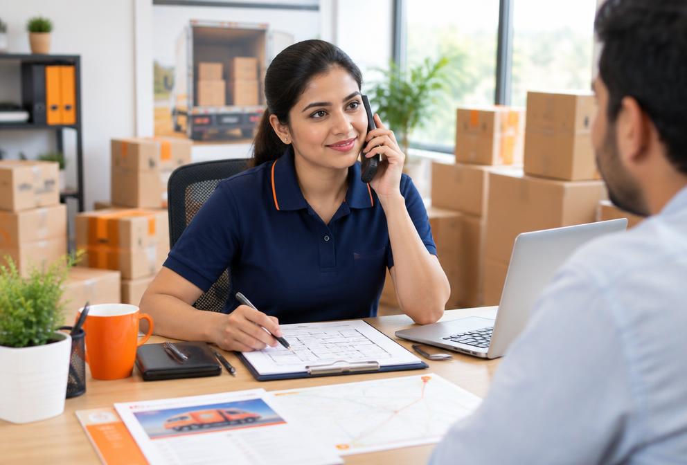 Relocation coordinator assisting a customer by phone