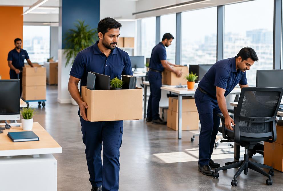Professional team relocating office equipment and furniture